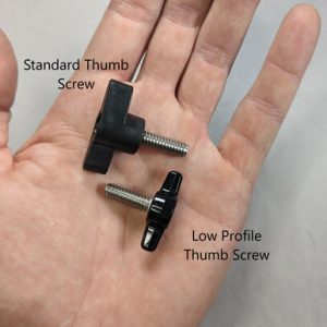 Image of high and low profile thumb screws available with sluice and highbanker leg kits.