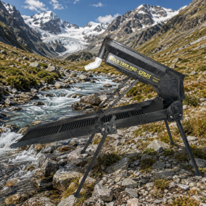 Carbon Fiber Black Gold Trek Pro CRUX Gen 5 backpack highbanker gold sluice beside a glacier-fed creek in a high mountain alpine landscape.