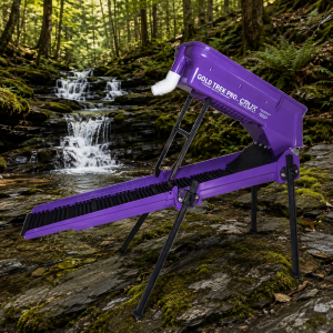 Royal Purple Gold Trek Pro CRUX Gen 5 backpack highbanker gold sluice beside a mossy waterfall stream over slate bedrock.