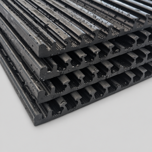 Close-up of stacked black Crux Drop Riffle sluice matting showing the wet riffle profiles and water droplets.